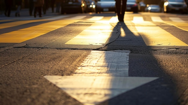 Foto a sombra alongada de um sinal de rua apontando para o cruzamento movimentado