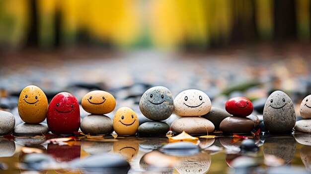 Foto a stack of stones featuring a painted happy face against a nature background