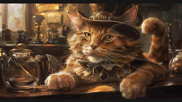 Foto a steampunk cat wearing a hat and collar sits on a wooden table the cat has a serious expression on its face and is looking at the viewer