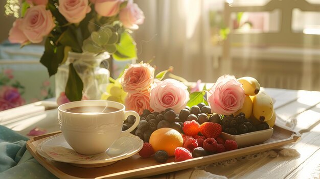 A suave luz do sol matinal ilumina uma bandeja de pequeno-almoço surpresa do Dia das Mães