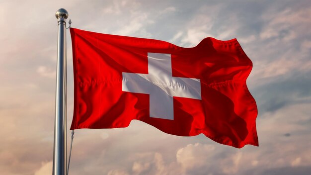 A Suíça acena a bandeira contra um céu nublado