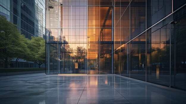 A superfície refletora da fachada reflete lindamente a paisagem urbana, proporcionando uma deslumbrante