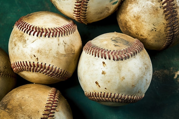 A superfície resistida e áspera de bolas de beisebol antigas sobre fundo verde Generative Ai
