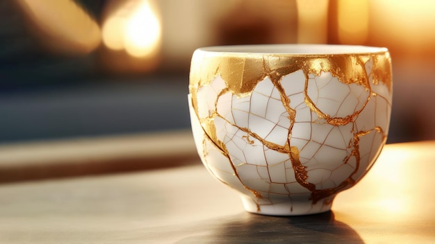 A taça de cerâmica Kintsugi O método de restauração antigo Reparar rachaduras de ouro em cerâmica japonesa antiga Charme de falhas Expressão única da cultura e estética japonesa Copiar espaço IA generativa