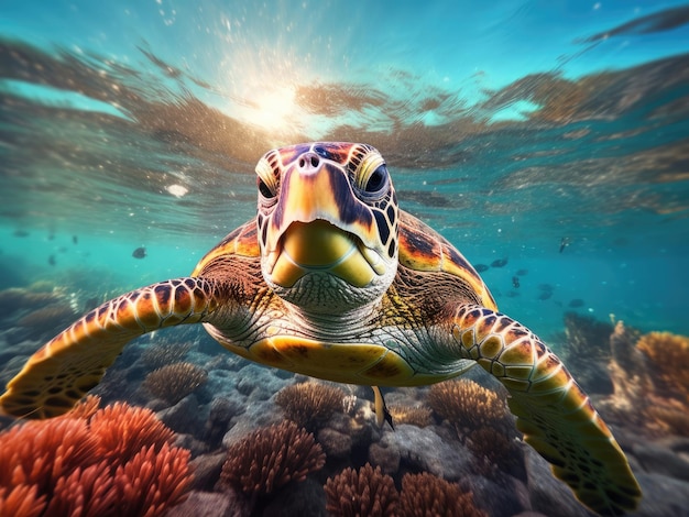 A tartaruga marinha nada sob a água azul