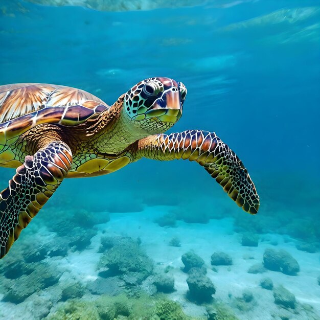 A tartaruga nada no mar. Água clara.