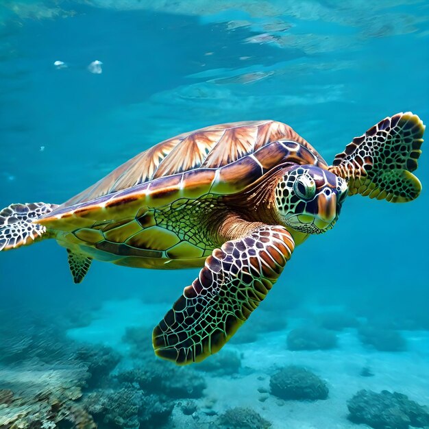 A tartaruga nada no mar. Água clara.