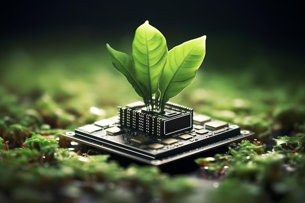 A tecnologia encontra a natureza Uma pequena planta vibrante prosperando em um microchip em IA generativa eletrônica