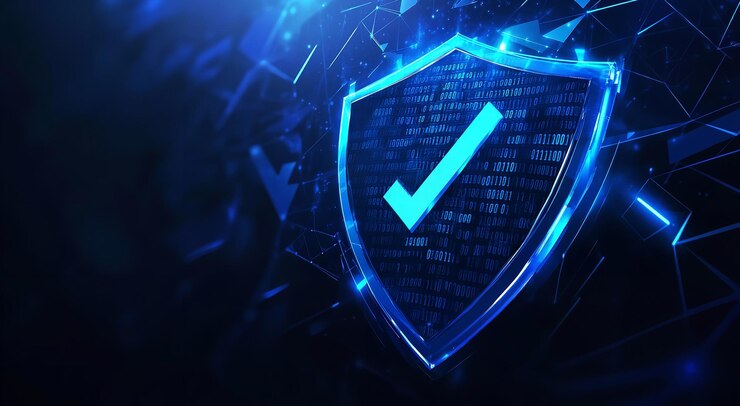 Foto a tecnologia segura é ilustrada por um escudo de arame poligonal decorado com um símbolo de marca de verificação em um fundo azul escuro.