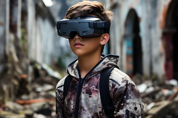 Foto a teenager gaming on discount vr goggles immersed leaning ag digital native gen alpha poor concept