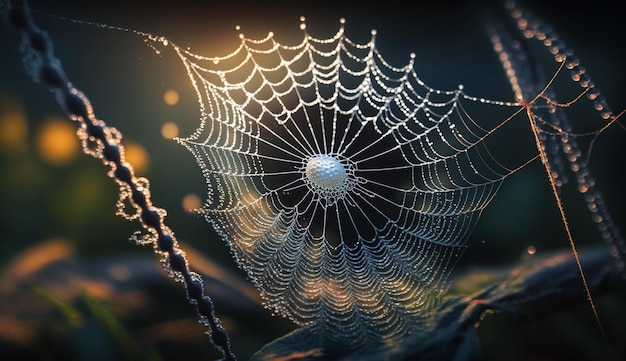 A teia de aranha brilha com orvalho na IA generativa da floresta de outono