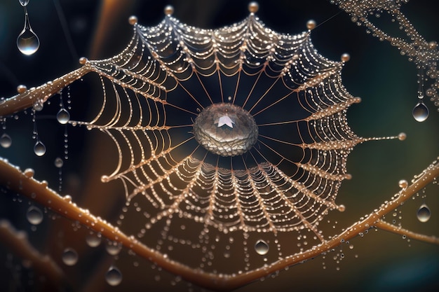 A teia de aranha com gotas de orvalho Os delicados fios da teia de uma aranha adornados com minúsculas gotas de ouriço