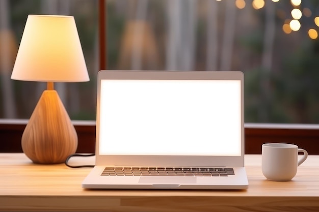 a tela branca em branco do laptop e a lâmpada estão próximas uma da outra no estilo da IA generativa moderna