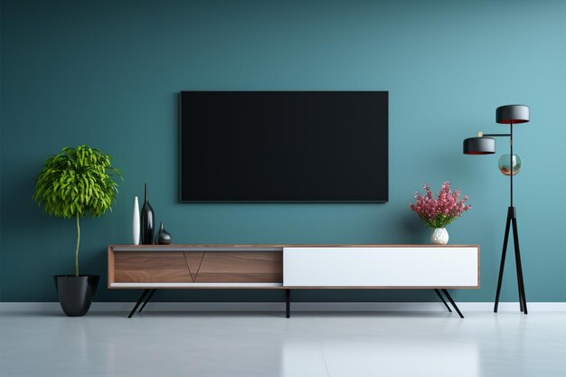 A televisão repousa em um armário dentro de uma sala moderna com paredes azuis