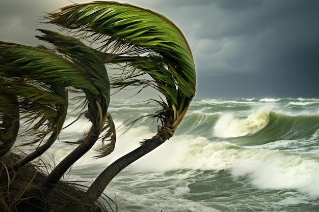 Foto a tempestade tropical ao largo da costa quebra as palmeiras.
