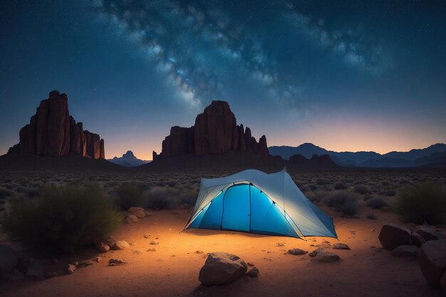 A tenda do viajante no deserto à noite