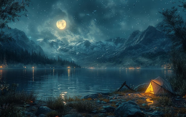 A tenda está montada na margem do lago à noite.