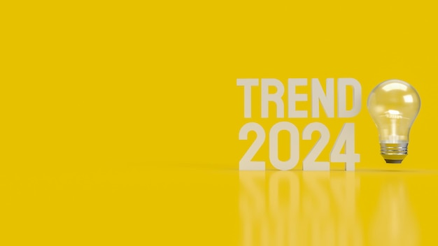 A tendência de texto 2024 e a lâmpada na renderização 3d de fundo amarelo