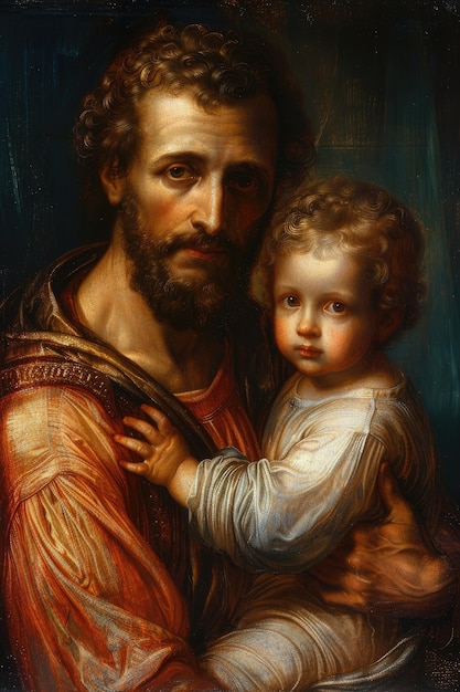 Foto a ternura de são josé, um retrato comovente do amor paterno e da orientação compartilhada entre são josé e o menino jesus cristo, capturando um vínculo atemporal de fé e devoção na arte sagrada.