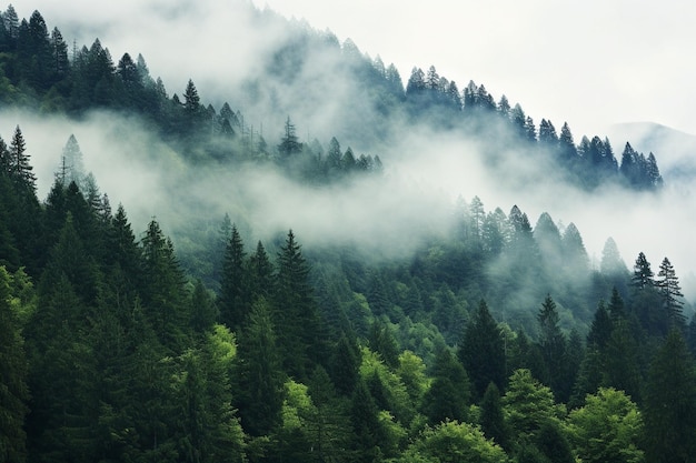 A terra dos pinheiros, a floresta chuvosa, a névoa, o nevoeiro de outono.
