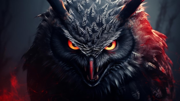 A terrível coruja demoníaca, um mal sorridente com olhos vermelhos.