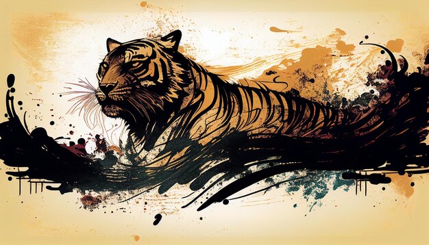 A textura da tinta acena o símbolo do tigre ilustração artística backgroundGenerative AI