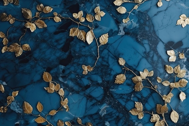 A textura de mármore nas cores azul e dourado com flores douradas Design luxuoso Generative AI