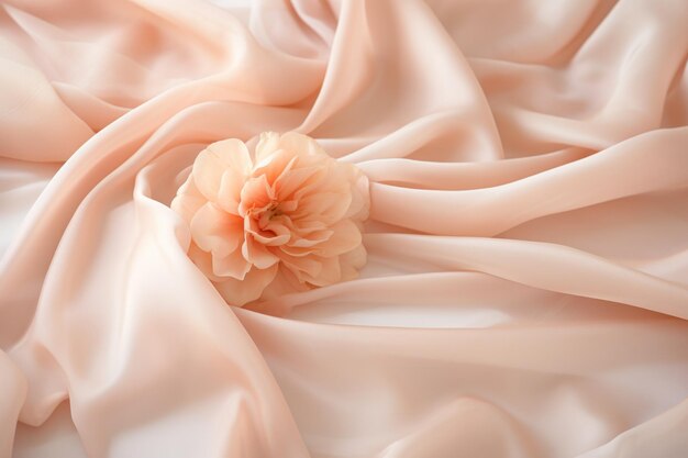 A textura de um delicado tecido de cama macio em cores pastel pêssego com uma flor sobre ele