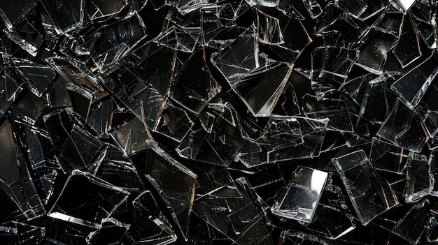 A textura dinâmica do vidro quebrado contrasta com um fundo preto