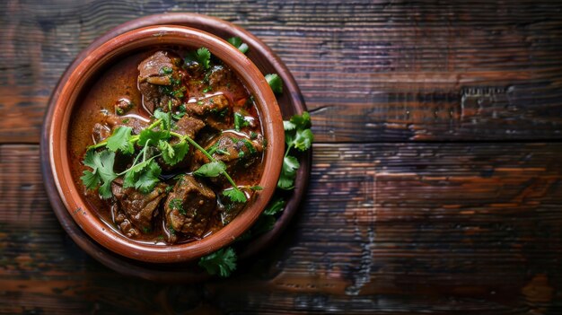 A tigela castanha transborda com o rico curry de carne de vaca e vegetais variados.