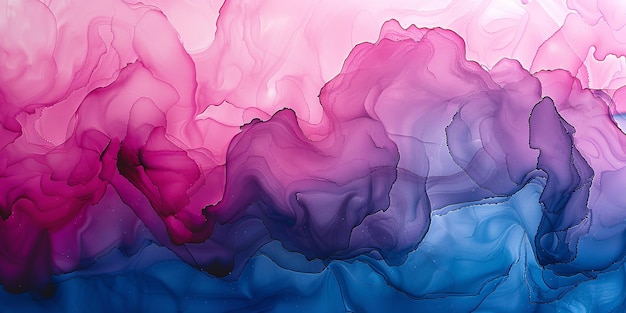 A tinta alcoólica promove um cenário vívido abstrato com uma interação harmoniosa de tinta acrílica azul e rosa, variação de tinta alcoólica e espaço.