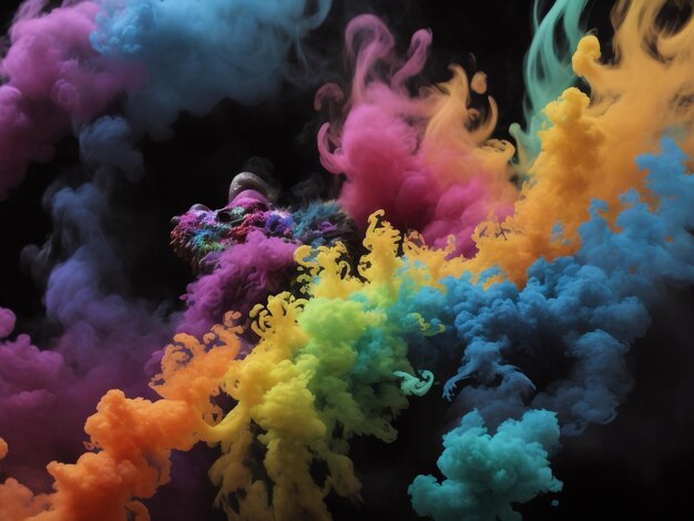 A tinta colorida do arco-íris cai de cima, misturando-se na água. Tinta girando debaixo d'água