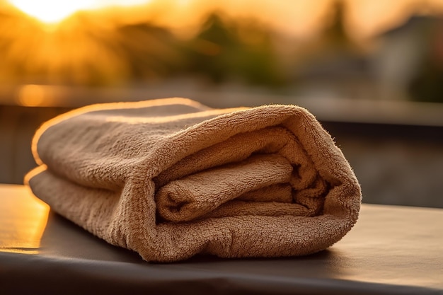 A toalha em uma cama está dobrada e está sobre uma mesa