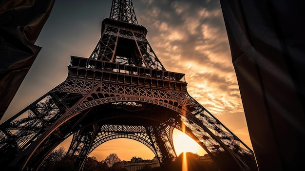 A torre eiffel ao pôr do sol com o pôr do sol atrás dela