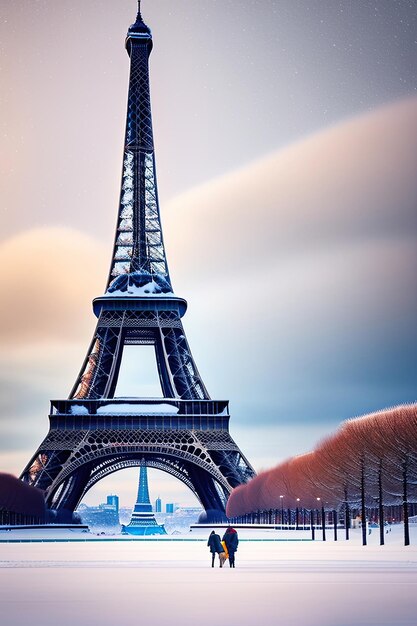 A Torre Eiffel coberta de neve Vista panorâmica da Torre Eiffel em um dia de neve pesada Inusual