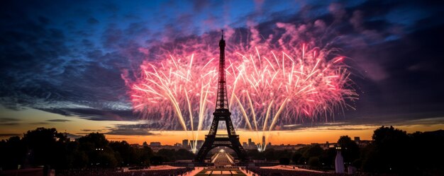 A torre Eiffel em Paris França mostrada em silhueta contra fogos de artifício comemorativos