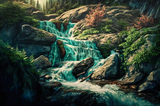 A torrente de água fria caindo em cascata em um terreno rochoso em um cenário de floresta