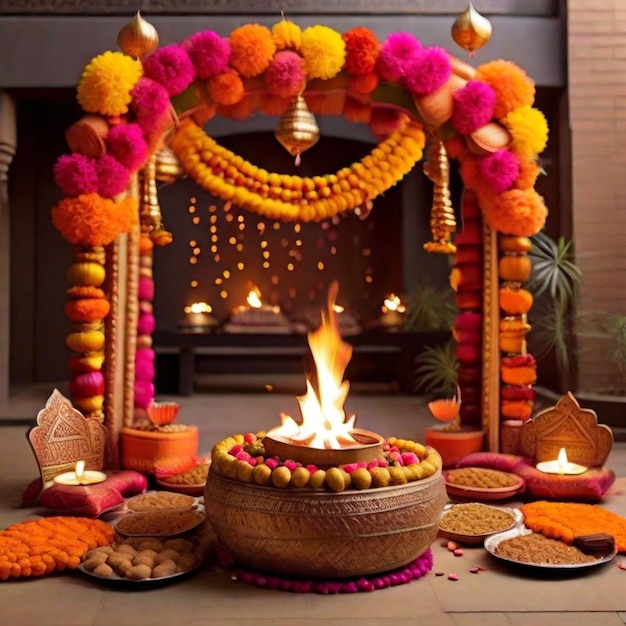 A tradicional celebração indiana de Lohri adornada com decorações vibrantes