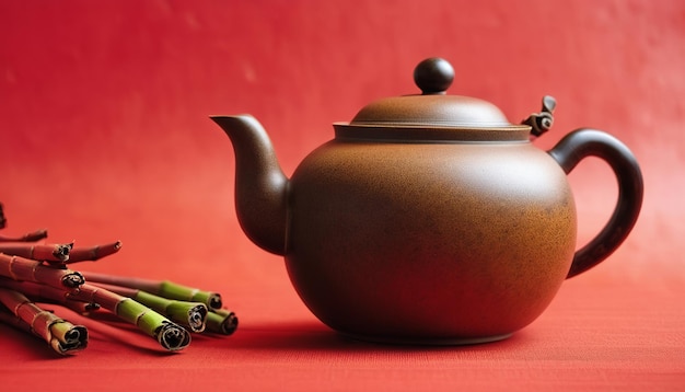 A tradicional chaleira de chá em bambu vermelho, um símbolo cultural único