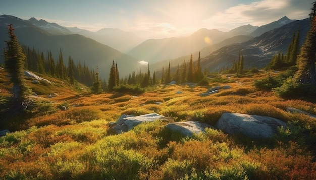 A tranquila caminhada ao pôr do sol revela o majestoso pico da montanha na paisagem de outono gerada pela IA