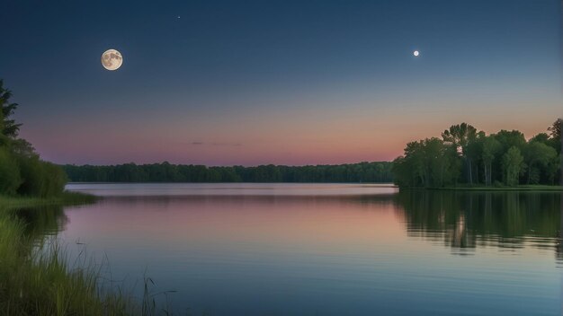 A tranquila doca e a cena do lago iluminado pela lua