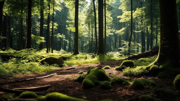 A tranquilidade matinal na limpeza da floresta ao nascer do sol