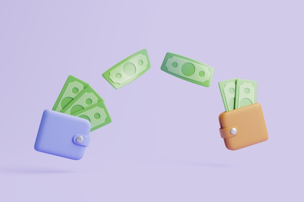 A transferência de notas de dólar verde entre duas carteiras flutua em uma renderização 3D de fundo pastel