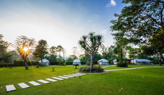 A trilha em gramados verdes e tenda no jardim