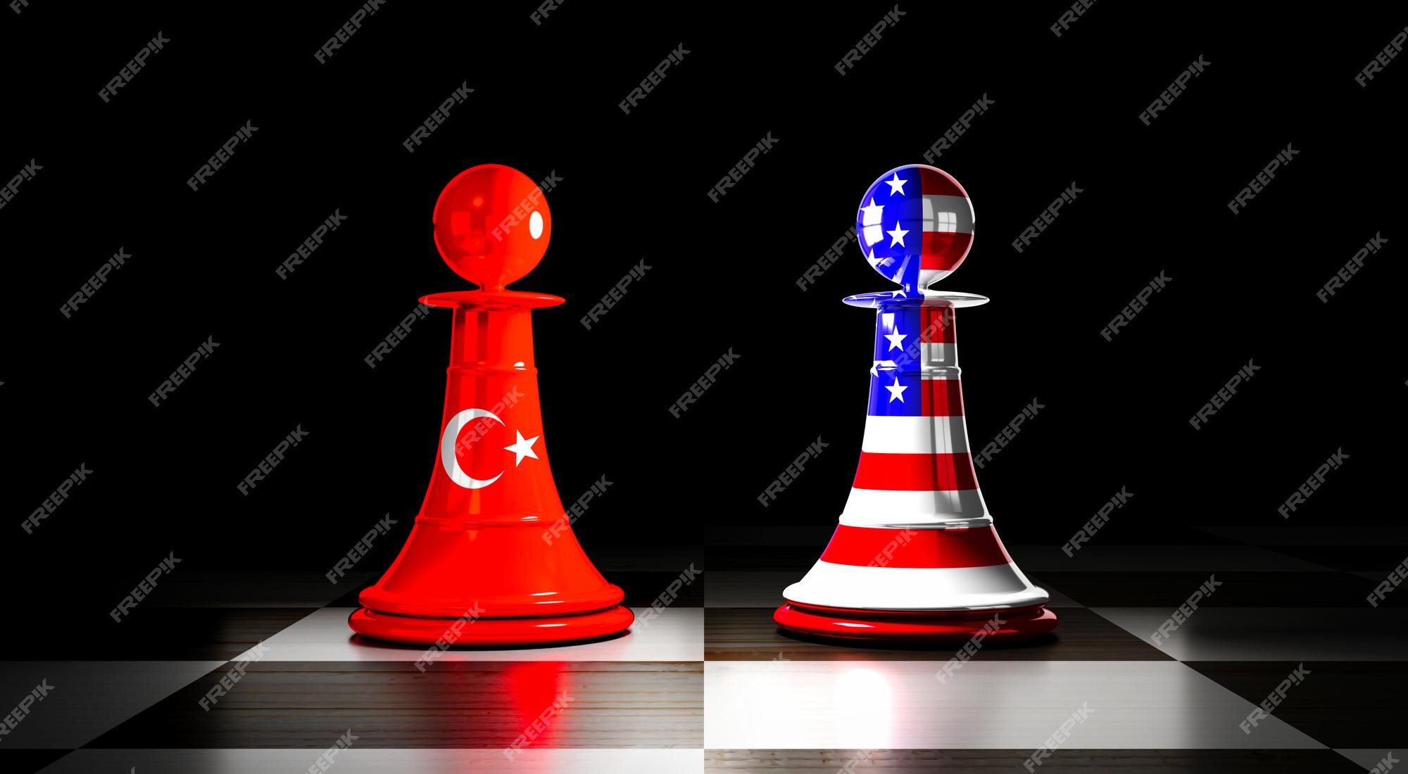 A turquia e os eua relacionam peões de xadrez com ilustração 3d de  bandeiras nacionais