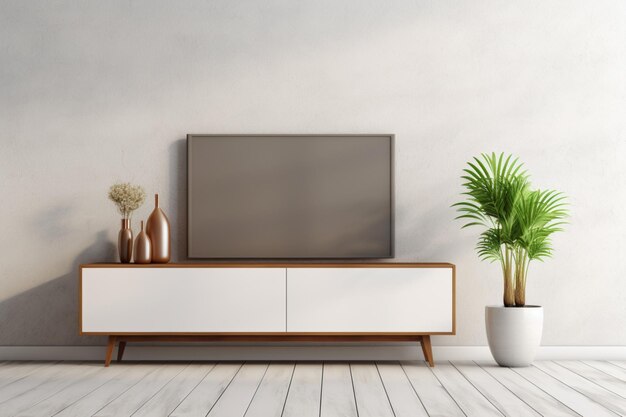 A TV repousa em um armário branco com uma planta em um vaso de moda em uma sala de estar moderna