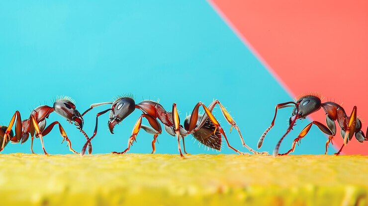Foto a unidade das formigas isoladas em um fundo de cor plana