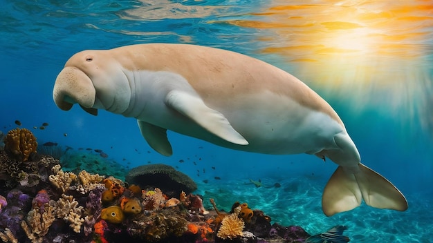 Foto a vaca-marinha dugong nada no mar.