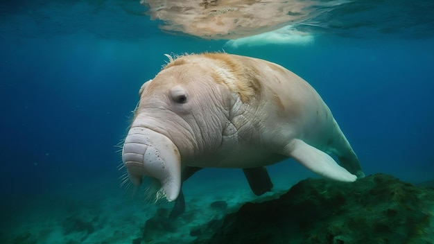 A vaca-marinha Dugong nada no mar.