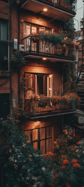 A varanda de uma casa com varanda e luzes na varanda